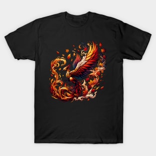 Phoenix Rising from Autumn Leaves Illustration Artwork T-Shirt